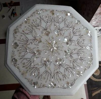 12" white marble table top coffee center inlay mother of pearl decor - Image 1 of 4