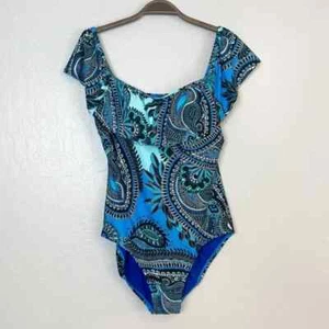 Traje de baño de una pieza con volantes fuera del hombro estampado Aqua Reef talla 10 JANTZEN para mujer - Imagen 1 de 10