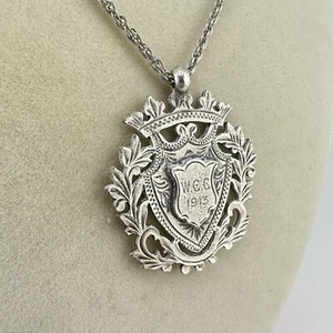1.5” 800 Silver Edwardian 1913 English Cricket League Medal Silver Tone Chain - Picture 1 of 8