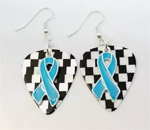Light Blue Ribbon Charm Guitar Pick Earrings with Surgical Steel Earwires - Picture 1 of 22