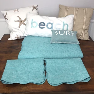 BEACH OCEAN Full Queen Turquoise Bedspread 2 Pillow Shams & 4 Pillows Starfish - Picture 1 of 8