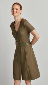 🍂Ellen Tracy Oliv Herbst Kleid M Neu mit Etikett Vegan Lederbesatz Arbeit Büro Fit & Flare  - Bild 1 von 5