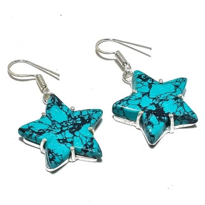 Natural Xmas Star - Tibetan Turquoise Gemstone Silver Earring 1.7" w659 - Image 1 of 4