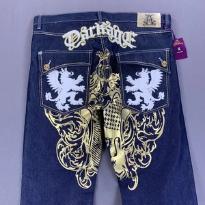 Atti Denim Jeans Men 40x34 Raw Indigo Studded Heraldic Griffin Y2K Baggy Hip Hop - Picture 1 of 24