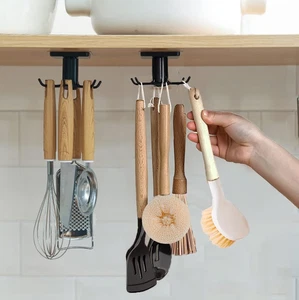 2Pcs Under Cabinet Utensil Rack 360 Rotating Adhesive Storage Holder Black - Picture 1 of 11