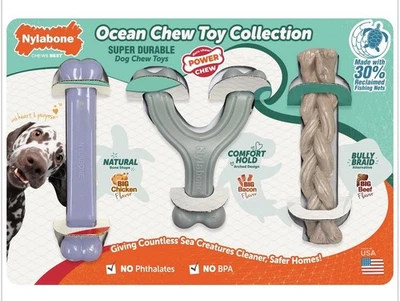 Nylabone Power Dog Ocean Chew Toys Super Durable Arched Bone Bully Braid 3 Pack
