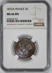 1872-A France 5c Centimes NGC MS 66 BN - Picture 1 of 4