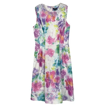 Worth New York Beaded Floral Watercolor Cocktail Dress White Pink Purple Size 4 - Image 1 of 4