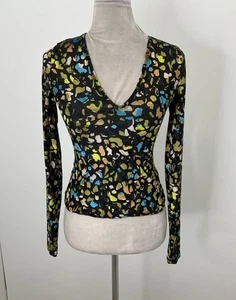 Ted Baker Black & Multi Velvet Burnout V-Neck Long Sleeve Top 1 (4) - Picture 1 of 5