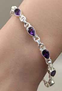 New 925 Sterling Silver Natural Pear Cut African Amethyst Tennis Bracelet - Picture 1 of 11