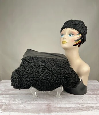 Vintage 1950s Black Curly Persian Lamb Muff Purse and Pillbox Hat Lucite Toggle - Image 1 of 4