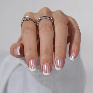 Press on Nails Short - White French Tip Press On Nails Square, Chrome Glazed ... - Picture 1 of 5