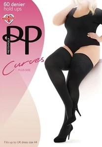 Pretty Polly Curves Plus Size Diamond Top Hold Ups 60 Denier XL - 4XL Black  - Picture 1 of 2