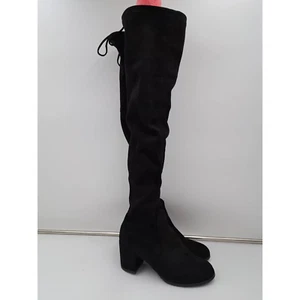 Black suede low heel Thigh High Rubber traction sole Back tie Boots 250 8.5 - Picture 1 of 6