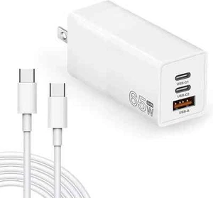 65W USB C Wall Charger GaN 3-Port Fast Compact Foldable Adapter with USB-C Cable - Picture 1 of 7