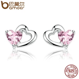 Bamoer Real S925 Sterling Silver Stud CZ Earrings Matching Hearts Women Jewelry - Picture 1 of 9
