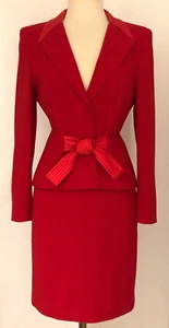 ESCADA 2 Piece Wool Silk Lined Red Skirt Suit Front Tie Closure Size 8 Germany - Picture 1 of 24