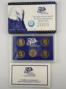 2001-S 50 State Quarters Proof Set WITH BOX & COA US Mint -NY, NC, RI, VT, KY - Picture 1 of 3