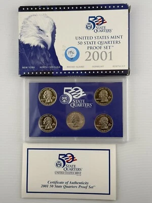 2001-S 50 State Quarters Proof Set WITH BOX & COA US Mint -NY, NC, RI, VT, KY - Image 1 of 3