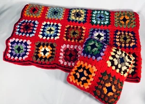 Granny Square Afghan Blanket 48x68” Red/Multicolor Matching Pillow 13 x 13” EUC - Picture 1 of 4