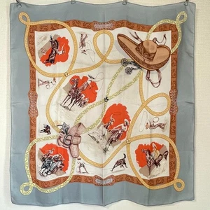 HERMES Carre 90 Silk Scarf CHARREADA Silk 100% Gray 1990 No Box Used From Japan - Picture 1 of 13