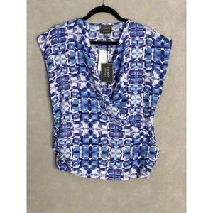 Ninety Women's Large Wrap Front Ruched Seams Top Blue NEW - Picture 1 of 7