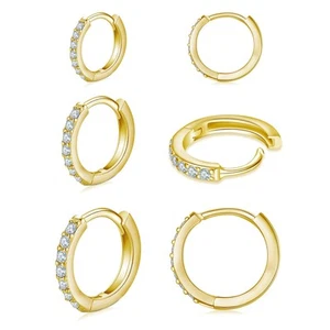 925 Sterling Silver Post Small Hoop Earrings Cubic Zirconia Huggie 14K Gold P... - Picture 1 of 6