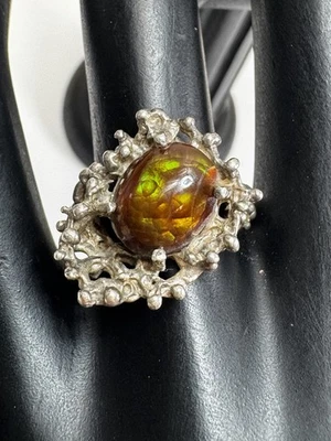 Винтажное бруталистское кольцо из чистого серебра с огненным агатом уникальное художественное заявление размер 7,5 - Изображение 1 из 4