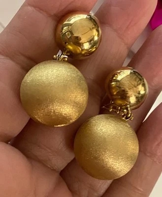 Italian Designer 14k Yellow Polished and Brushed Gold BALL Long Omega Earrings! - Image 1 of 4