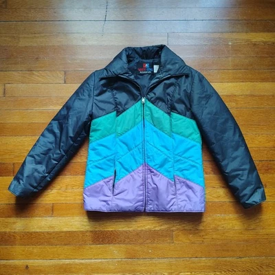 70s Vintage Ski Puffer Jacket Blue Black Green Stripe Retro Coat Women's Large - Image 1 of 4