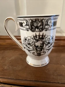 Skull Tea Cup / Porcelain / Black & White With Gold Trim / 4.25” High - Picture 1 of 5