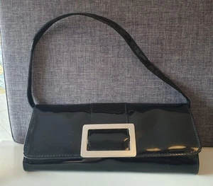 Plain Black Patent Silver Buckle Clutch Detachable Shoulder Strap Bag ! - Picture 1 of 5