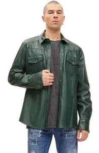 Men's Green Leather Shirt Pure Lambskin Slim Fit Party Wear Leather Shirt - Picture 1 of 9