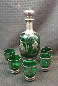 Antique Italian Style Green Glass Decanter Set With Shot Glasses Sterling Over - Picture 1 of 12