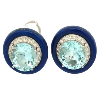 Video 16.76CT 18K White Gold Natural Aquamarine Lapis Diamond Halo Earrings  - Image 1 of 4