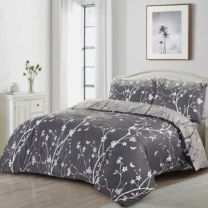 SOFT FIBER COTTON PRINT DUVET COVER QUILT SET GREY BEDDING SETS DOUBLE KING SIZE - Picture 1 of 34