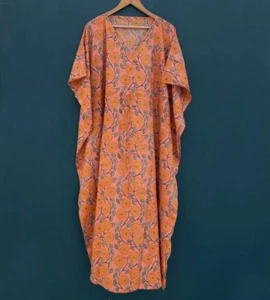 Abito lungo indiano vintage 100% cotone spiaggia maxi caftano taglia unica caftano kimono - Foto 1 di 6