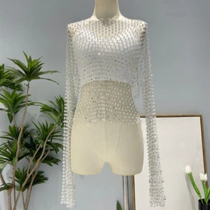 Women Rhinestone T Shirt Blouse Top Crystal See Through Hollow Out Cover Up Sexy - Picture 1 of 15
