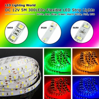 Bright 12V 5M 16.4ft 3528 5050 5630 RGB SMD 300 LEDs Flexible Strip light Lamp - Image 1 of 4