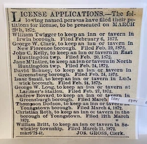 1872 WESTMORELAND COUNTY PA TAVERN LICENSE LUDWICK LARIMER SEWICKLEY YOUNGSTOWN+ - Picture 1 of 3