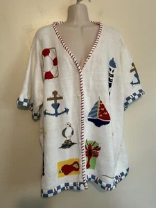 Vtg Quacker Factory Women’s White Red Beach Lighthouse Sweater Cardigan Size 2X - Picture 1 of 8