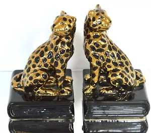 Gold Black Ceramic Leopard Big Cat Bookends Set/2 - Picture 1 of 9