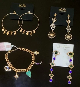 ⭐️⭐️JESSICA SIMPSON - EVIL EYE HAMSA HAND STARS MOON EARRINGS, BRACELET - NWT - Picture 1 of 10