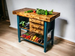 Olivenholz massiv Küchenwagen Metzger Hackblock Schrank mit drei Schubladen - Bild 1 von 9