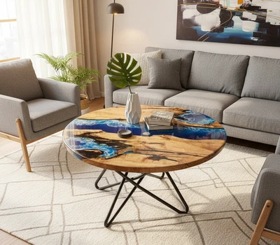 Handmade Ocean Epoxy Resin Table Top – Unique Blue Wave Design, Coastal Beach - Image 1 of 4