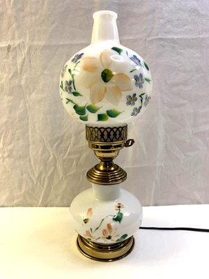 Vintage Hurricane Table Lamp Hand Painted Milk Glass Floral Brass Electric Globe - Image 1 of 4