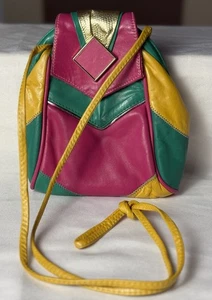 Vintage 80’s Leder Patchwork Handtasche Tasche Bunt Clamshell Crossbody - Bild 1 von 17