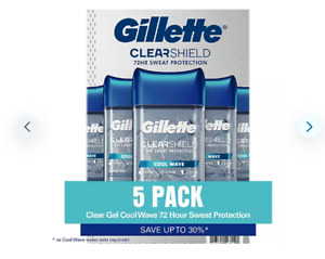 5 PACK Gillette Clear Gel Men's Antiperspirant & Deodorant, Cool Wave 3.8 oz.