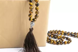 8MM 108 Pcs Yellow Tiger Eye Mala Beads Tassel Necklace AAA Natural Round 41" - Picture 1 of 5