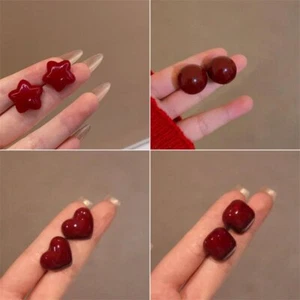 Retro Red Geometric Heart Star Round Earrings Stud Women Wedding Jewelry Gifts - Picture 1 of 13